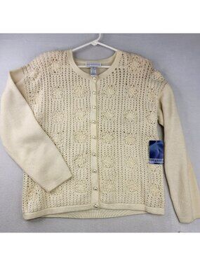 Vintage Robert Scott Ltd Pearl Beaded Wool Crochet Cardigan L Ivory Cottagecore